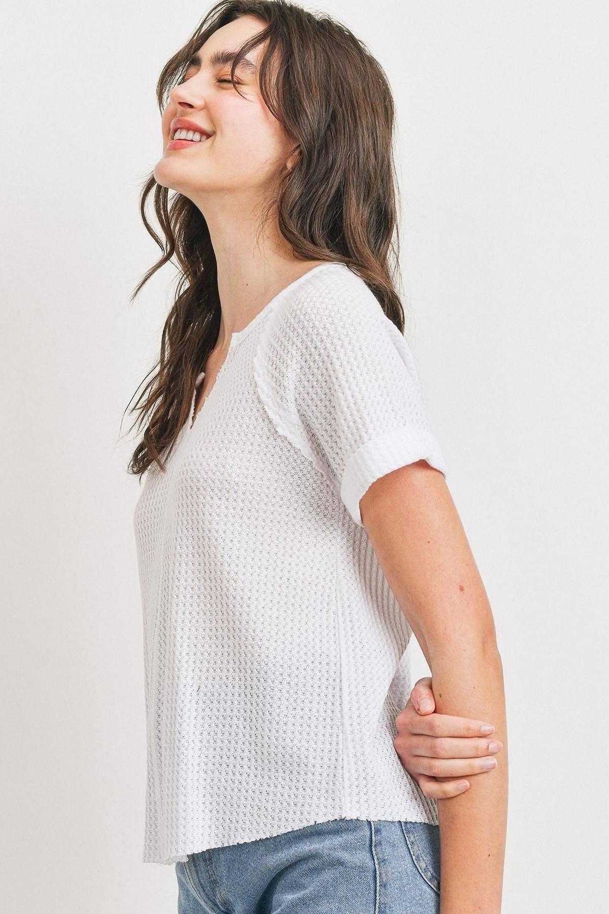 Waffle Raw Edge V-neck Rolled Up Short Sleeves Top | Mixtshop LLC
