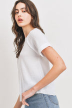 Waffle Raw Edge V-neck Rolled Up Short Sleeves Top | Mixtshop LLC