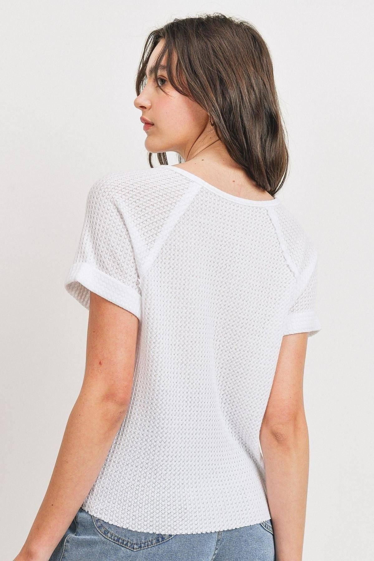 Waffle Raw Edge V-neck Rolled Up Short Sleeves Top | Mixtshop LLC