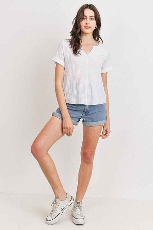Waffle Raw Edge V-neck Rolled Up Short Sleeves Top | Mixtshop LLC