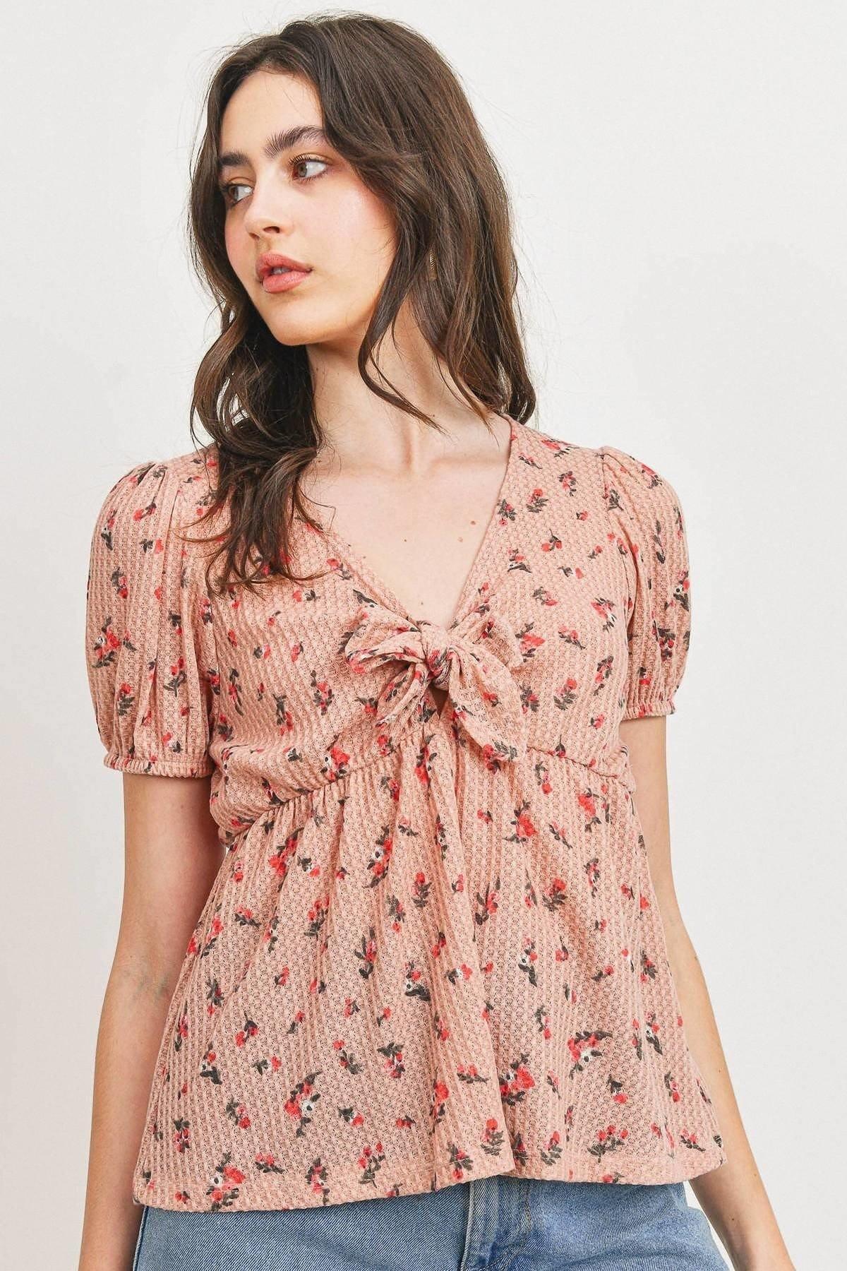 Front Tie Floral Waffle Top | Mixtshop LLC Main image