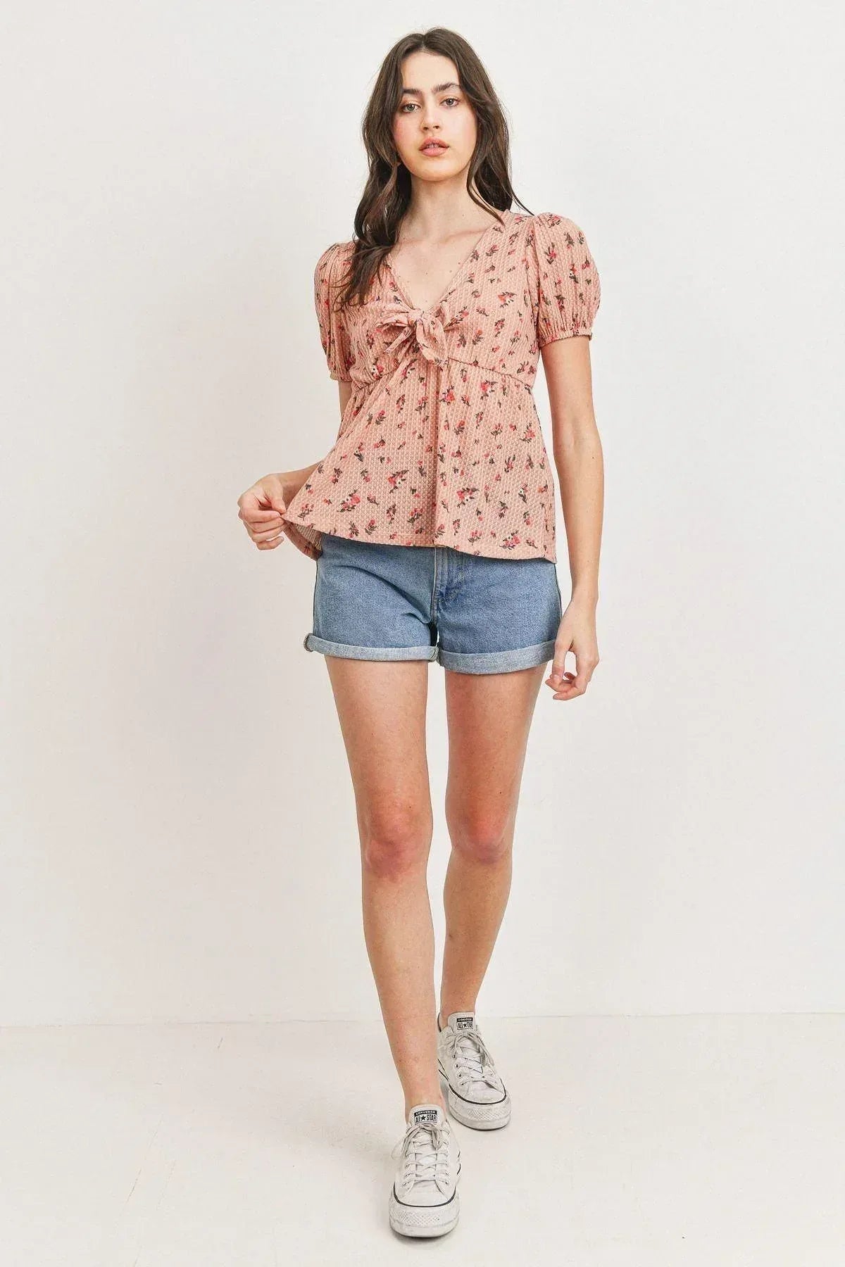 Front Tie Floral Waffle Top Secondary image