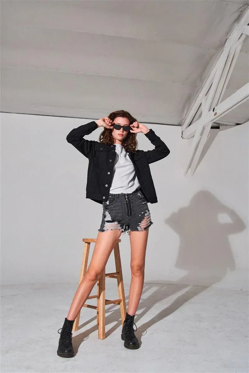 Ripped High-waist Front Zip-up Raw Hem Detail Distressed Mini Shorts Secondary image
