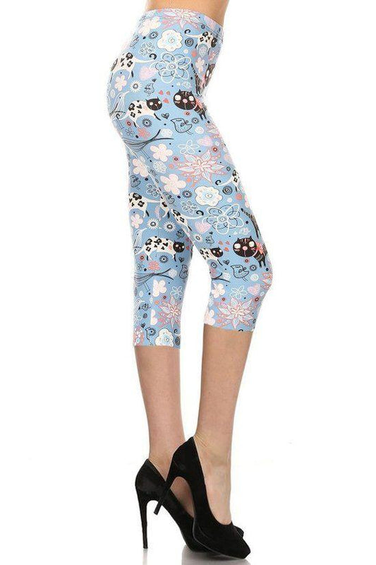 Cats And Flowers Printed, High Waisted Capri Leggings | Mixtshop LLC