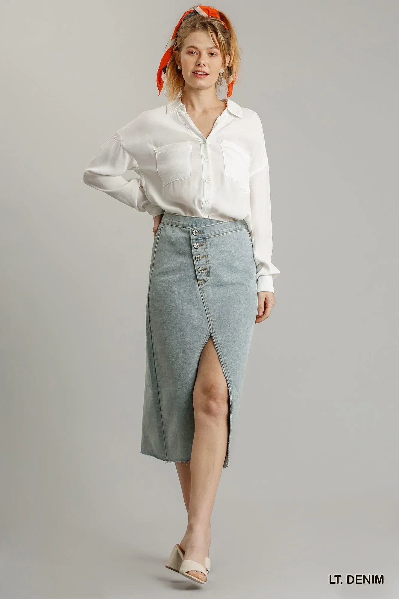 Asymmetrical Waist And Button Up Front Split Denim Skirt With Back Pockets And Unfinished Hem Secondary image