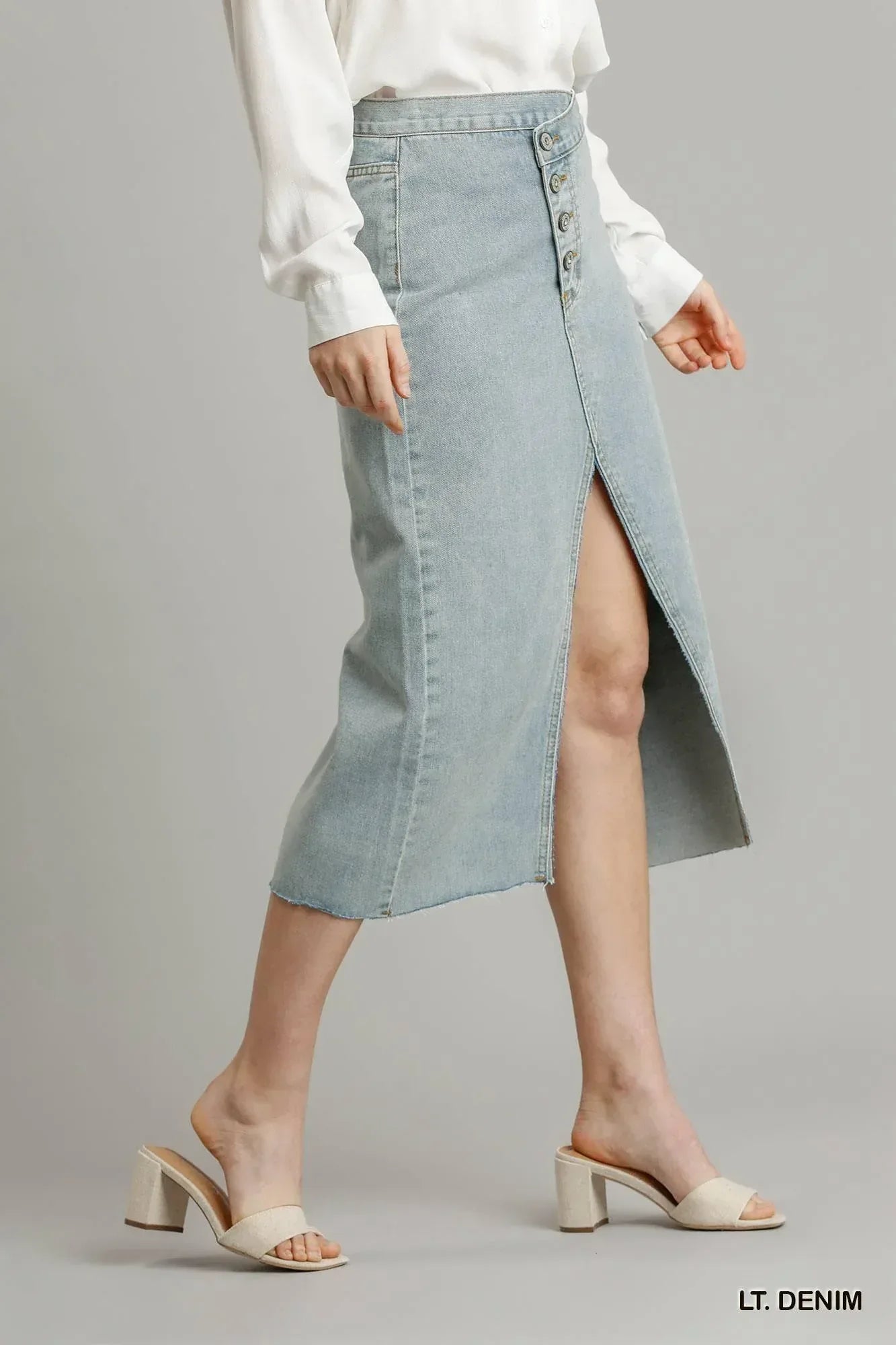 Asymmetrical Waist And Button Up Front Split Denim Skirt With Back Pockets And Unfinished Hem | Mixtshop LLC