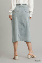 Asymmetrical Waist And Button Up Front Split Denim Skirt With Back Pockets And Unfinished Hem | Mixtshop LLC