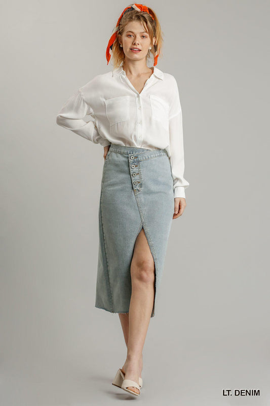 Asymmetrical Waist And Button Up Front Split Denim Skirt With Back Pockets And Unfinished Hem | Mixtshop LLC