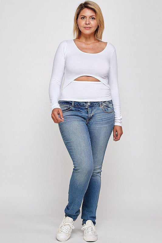 Solid Round Neck Top, With Long Sleeves, And Cut-out Detail | Mixtshop LLC