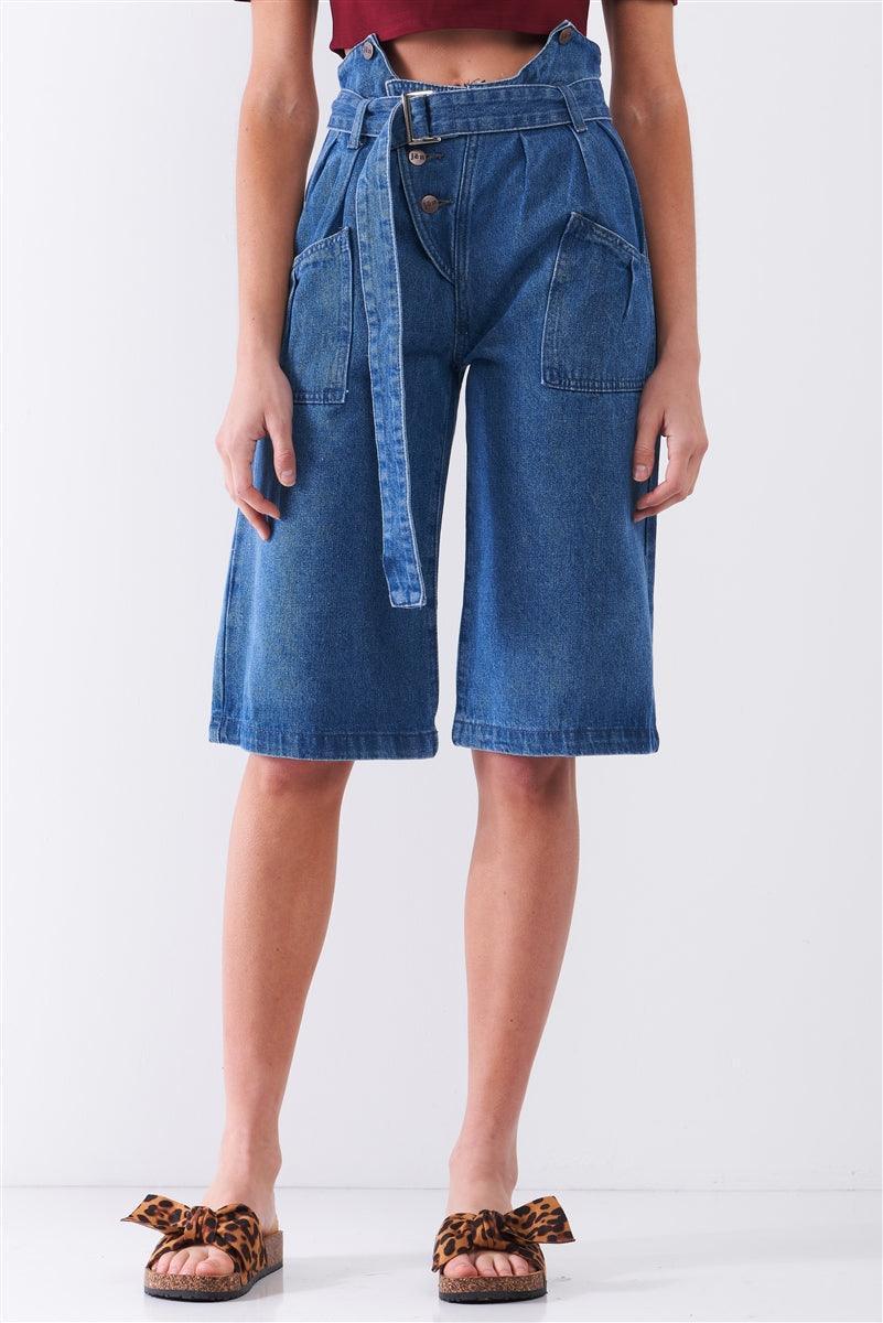 Mid Blue Denim Front Cut-out High-waist Buckle Self-tie Belt Detail Midi Flare Jean Pants | Mixtshop LLC Main image