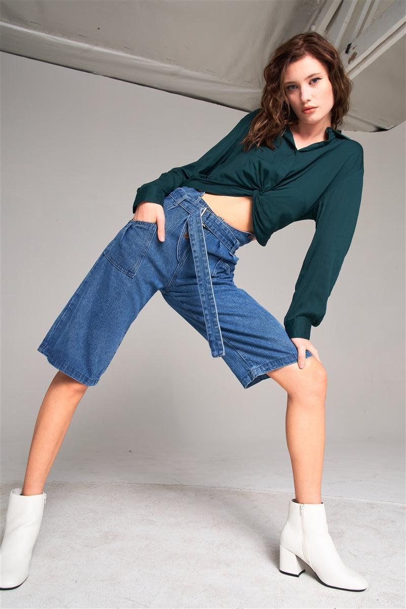 Mid Blue Denim Front Cut-out High-waist Buckle Self-tie Belt Detail Midi Flare Jean Pants Secondary image
