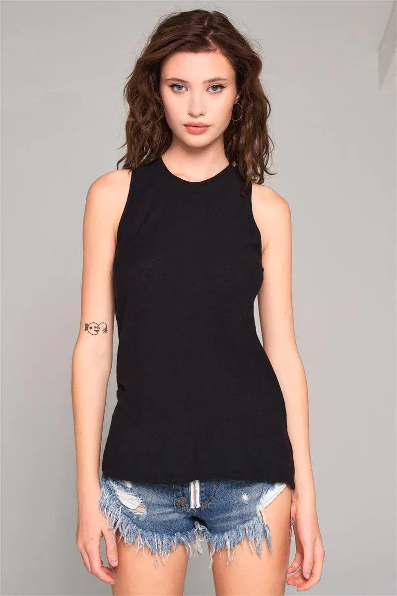 Sleeveless Crew Neck Cut-out Back Detail Longline Top | Mixtshop LLC Main image