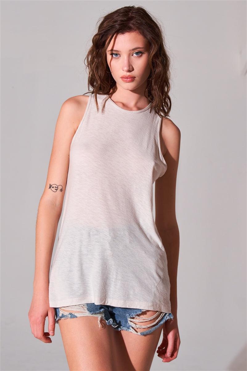 Sleeveless Crew Neck Cut-out Back Detail Longline Top | Mixtshop LLC Main image