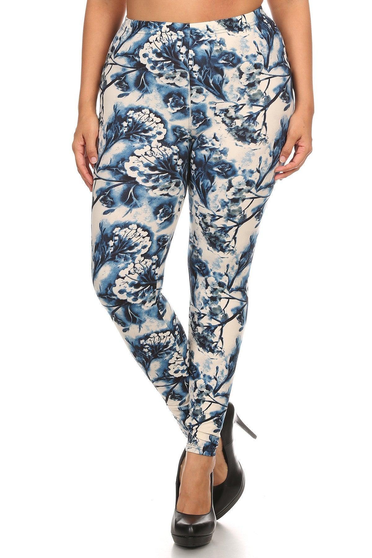 Plus Size Floral Print, Full Length Leggings In A Slim Fitting Style With A Banded High Waist | Mixtshop LLC Main image