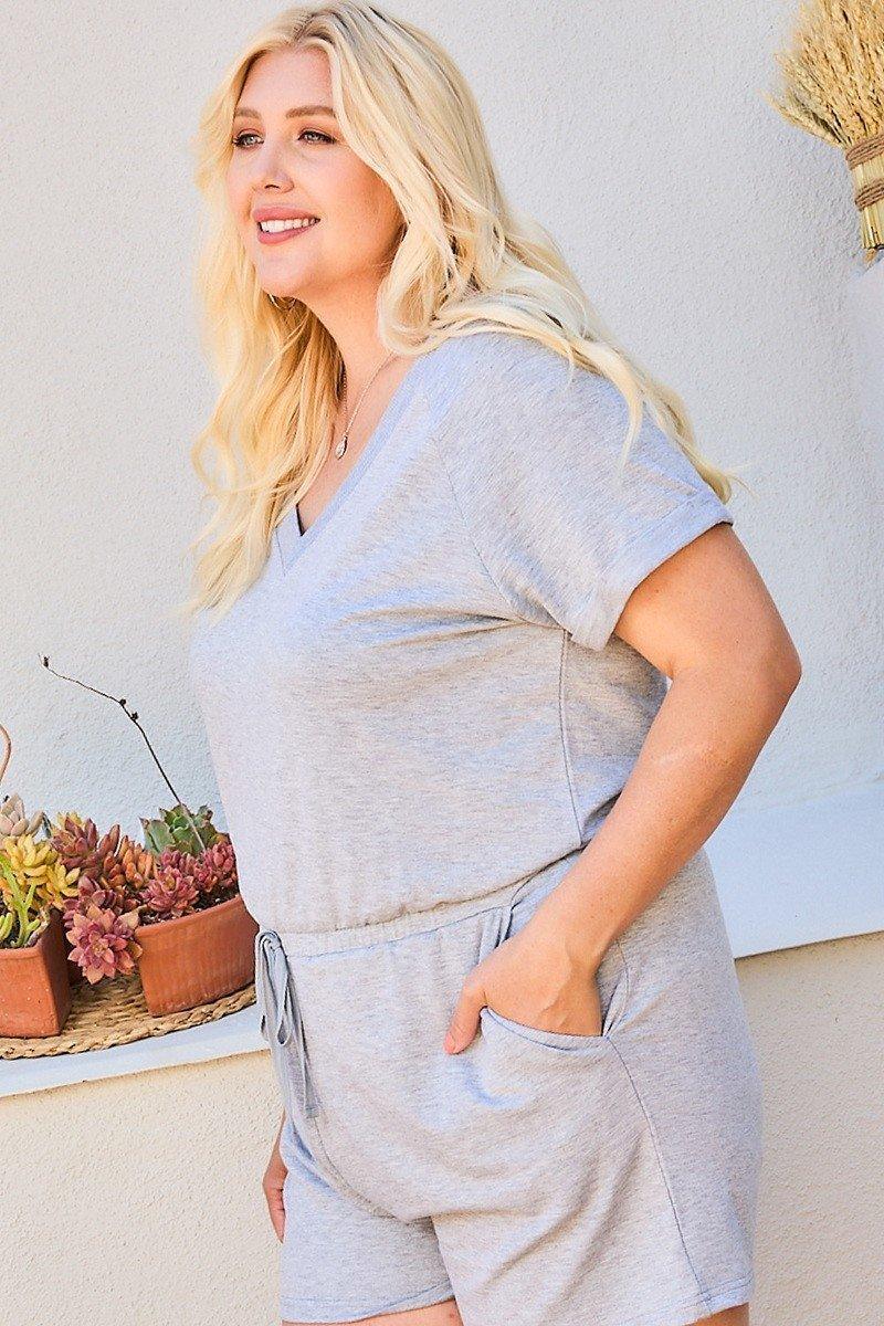 V Neck Short Raglan Sleeve Waist Elastic Band Side Pocket Solid French Terry Romper | Mixtshop LLC