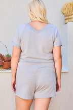 V Neck Short Raglan Sleeve Waist Elastic Band Side Pocket Solid French Terry Romper | Mixtshop LLC