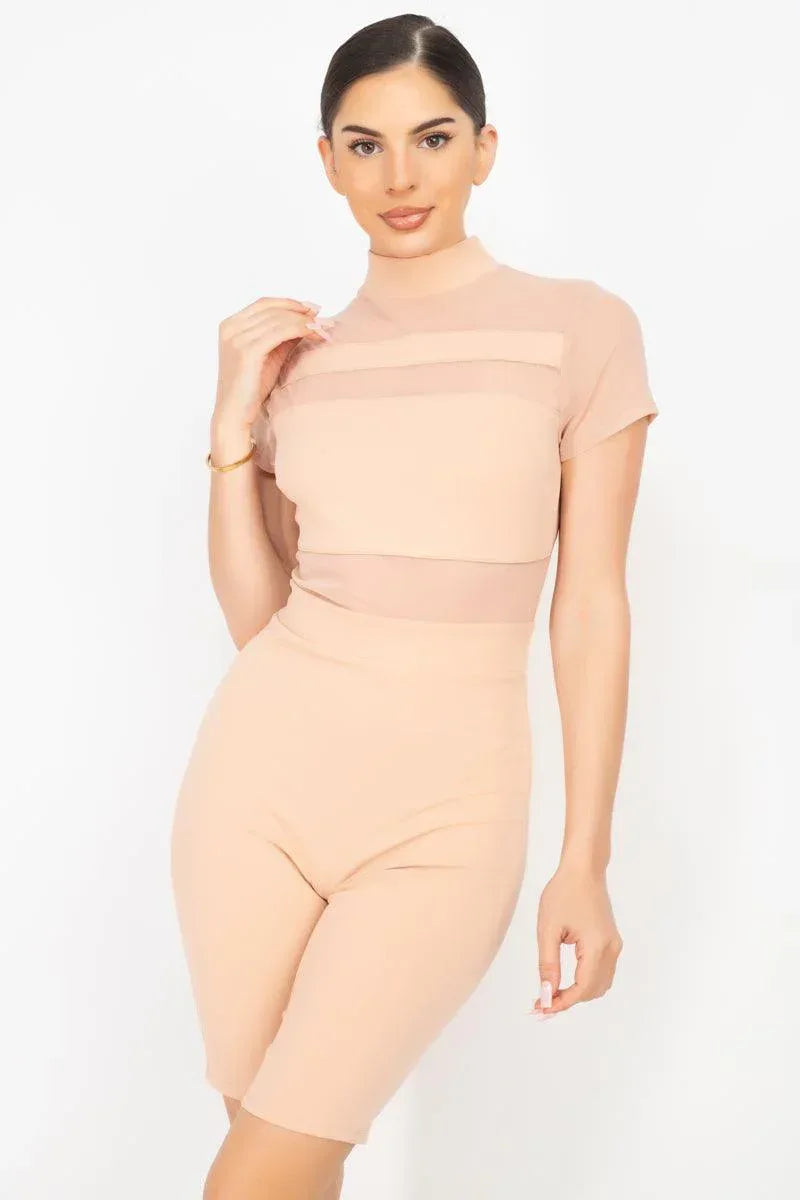 Stripe Mesh Mock Neck Biker Romper | Mixtshop LLC