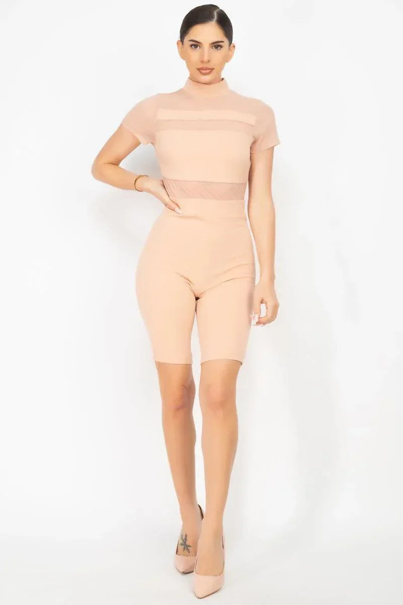 Stripe Mesh Mock Neck Biker Romper | Mixtshop LLC