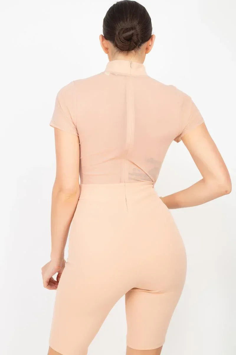 Stripe Mesh Mock Neck Biker Romper | Mixtshop LLC
