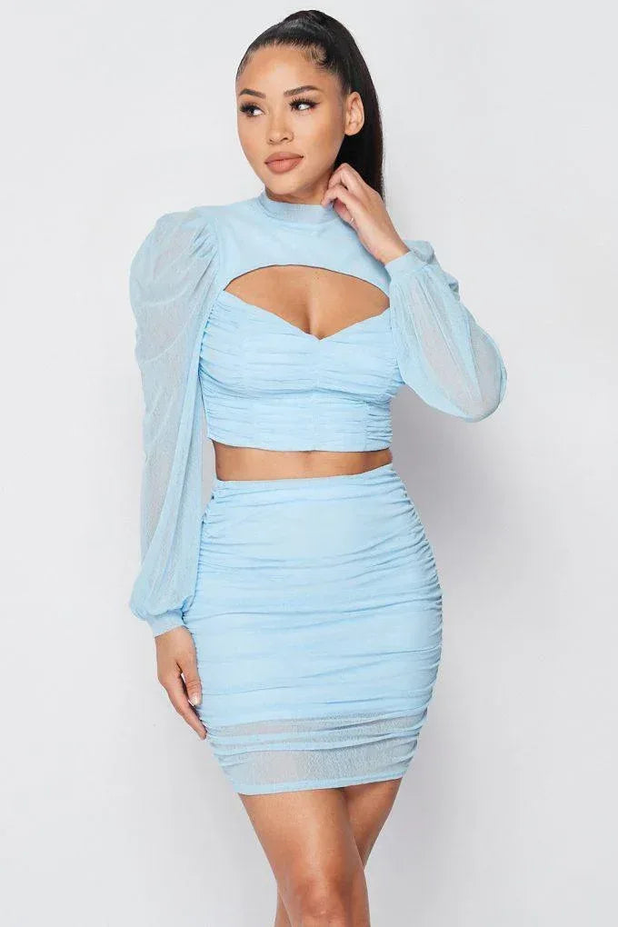 Sexy Sheer Cutout Puff Sleeved Top And Skirt Set | Mixtshop LLC Main image