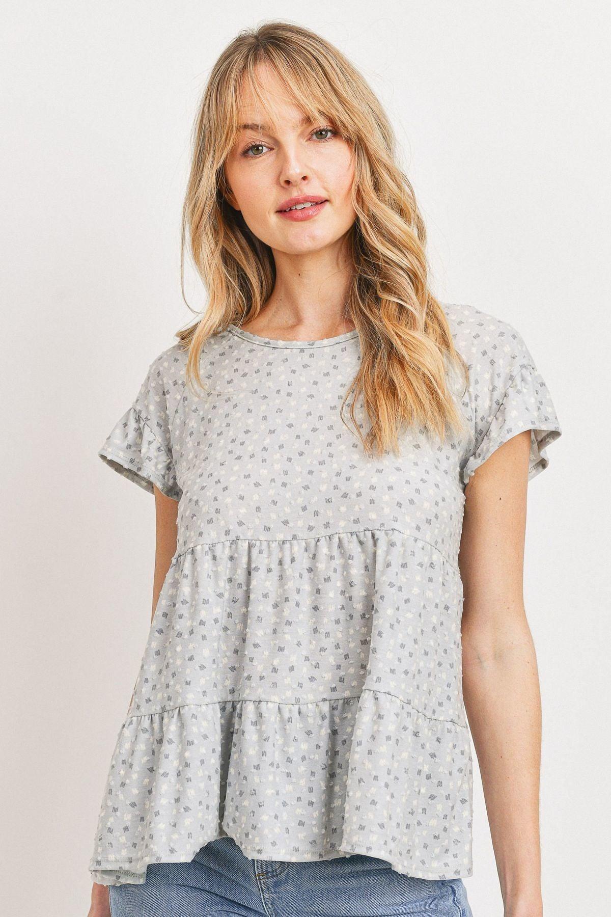 Dot Textured Print Jersey Ruffled Short Sleeve Top | Mixtshop LLC Main image
