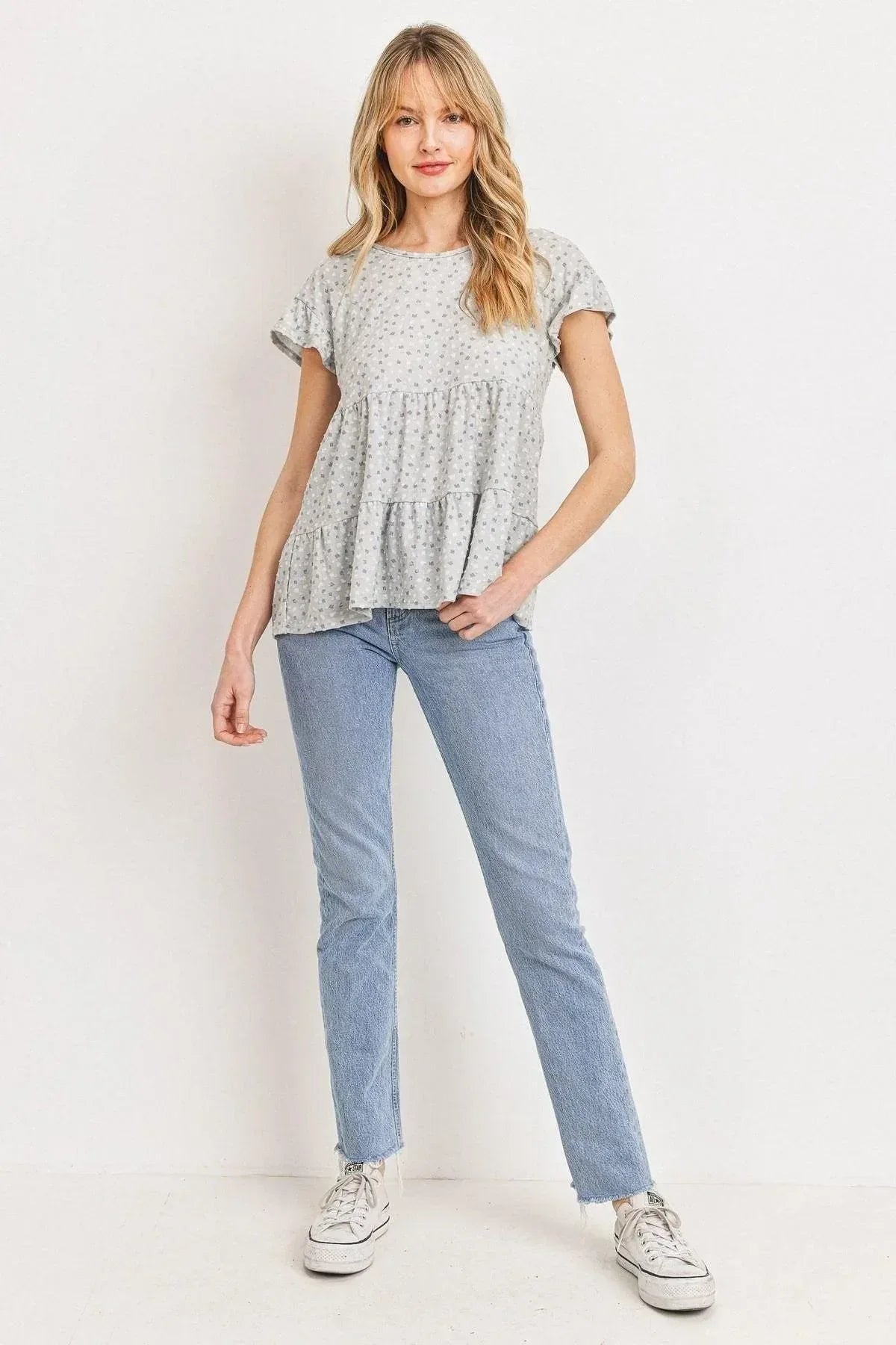 Dot Textured Print Jersey Ruffled Short Sleeve Top Secondary image