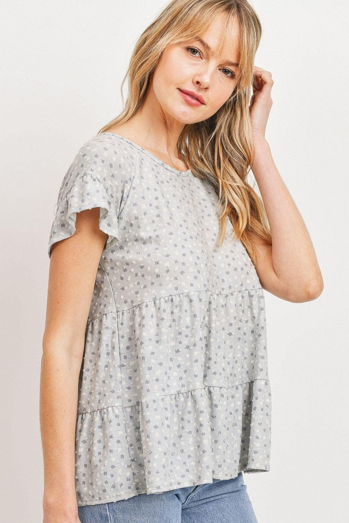 Dot Textured Print Jersey Ruffled Short Sleeve Top | Mixtshop LLC