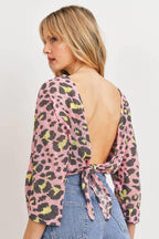 Leopard Knit Back Opened Short Sleeve Top | Mixtshop LLC
