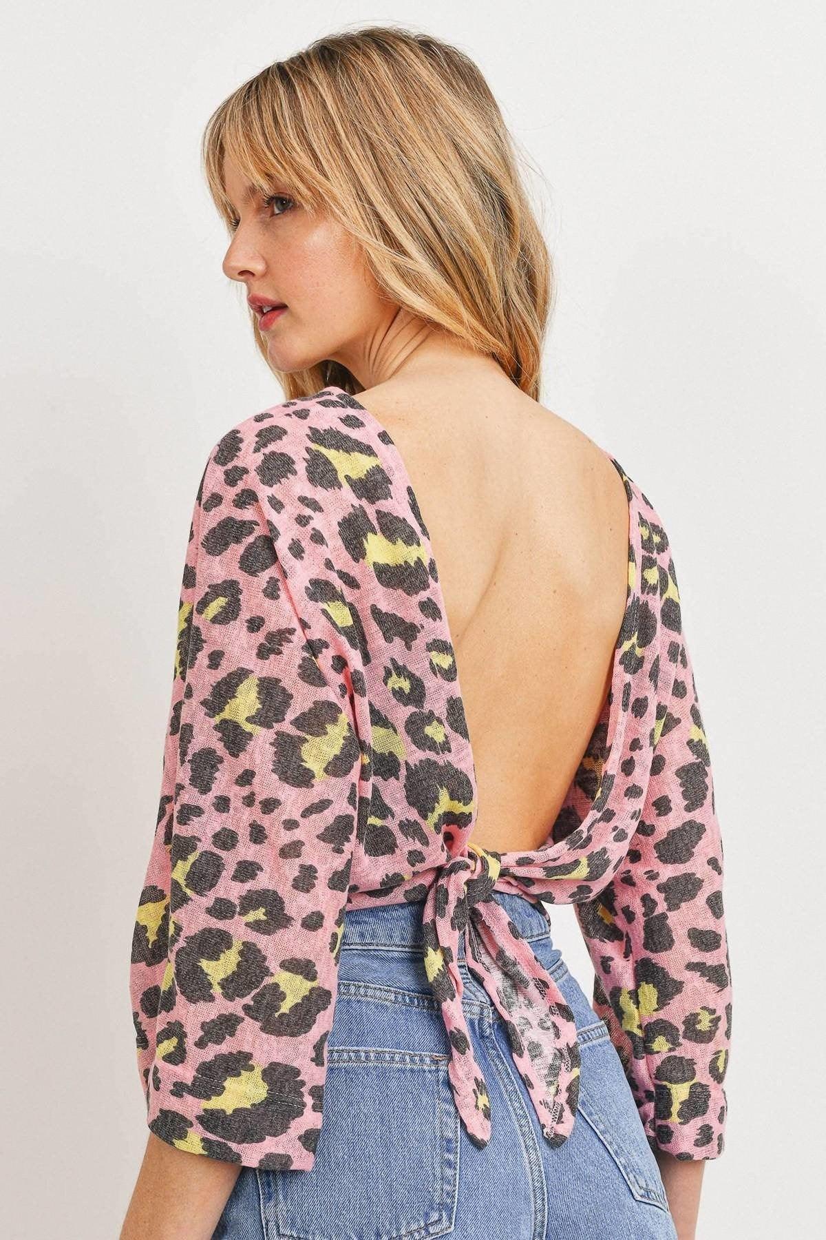 Leopard Knit Back Opened Short Sleeve Top | Mixtshop LLC