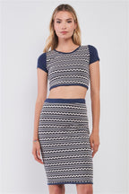 Navy & White Geometrical Pattern Short Sleeve Crop Top & High-waisted Pencil Skirt Two Piece Set | Mixtshop LLC