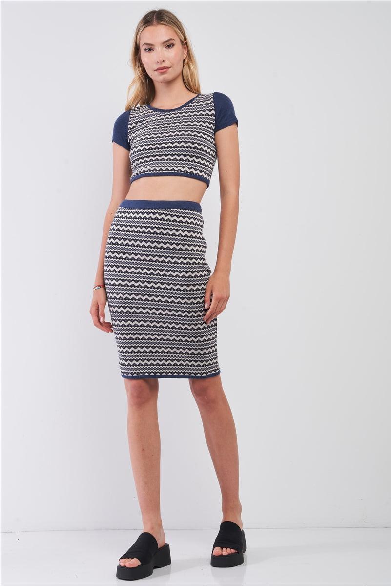 Navy & White Geometrical Pattern Short Sleeve Crop Top & High-waisted Pencil Skirt Two Piece Set Secondary image