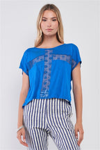 Royal Blue Boat Neck Short Sleeve See-trough Cross Cut-in Detail With Floral Embroidery Top | Mixtshop LLC