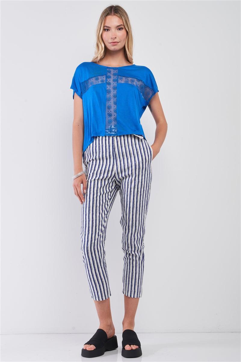Royal Blue Boat Neck Short Sleeve See-trough Cross Cut-in Detail With Floral Embroidery Top Secondary image
