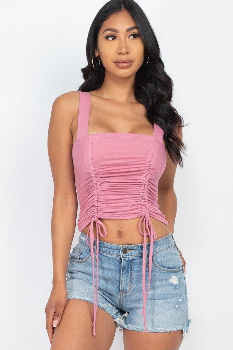 Adjustable Front Ruched With String Square Neck Crop Tops | Mixtshop LLC Main image