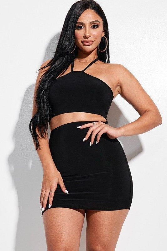 Solid Knit Double Layered Halter Neck Mini Dress With Front Cut Out | Mixtshop LLC