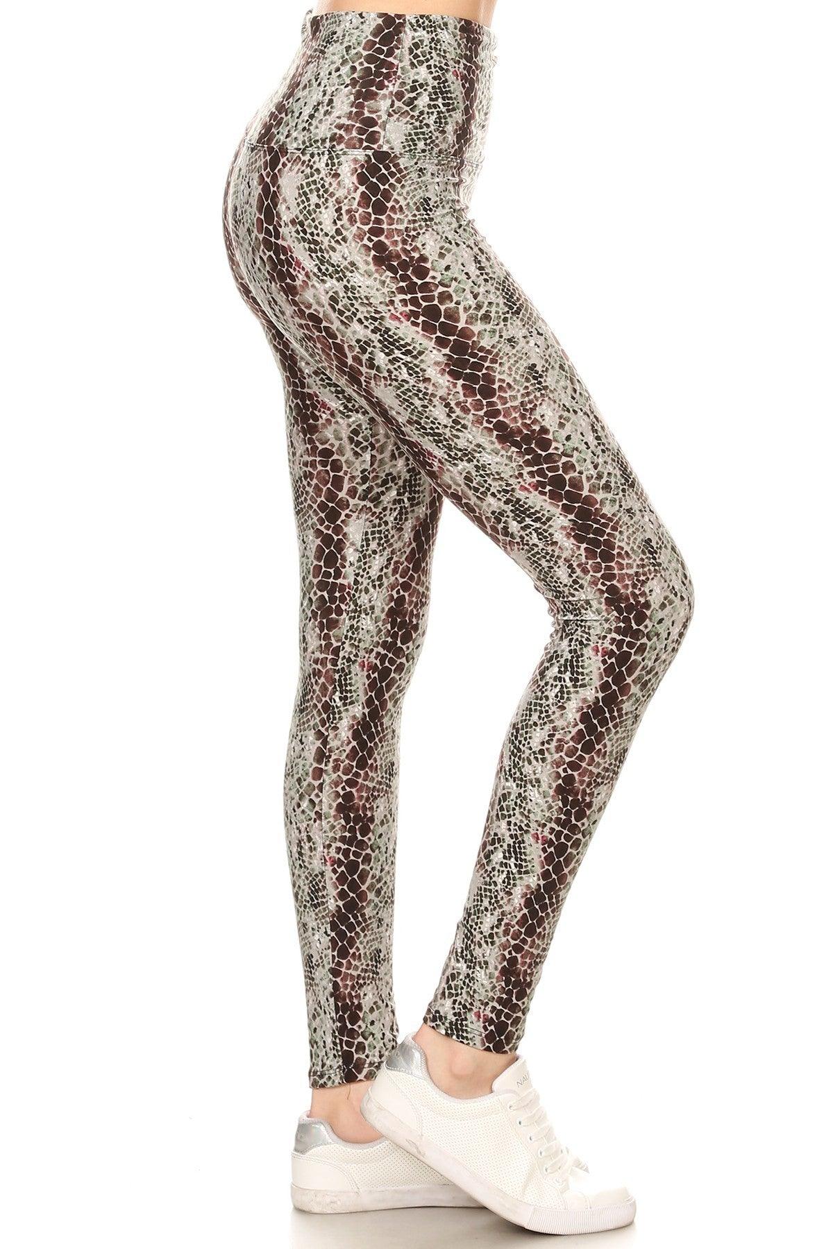 Yoga Style Banded Lined Snakeskin Printed Knit Legging With High Waist. | Mixtshop LLC