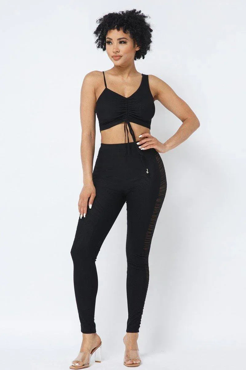 Mesh Strappy Adjustable Ruched Crop Top With Matching See Through Side Panel Leggings Secondary image