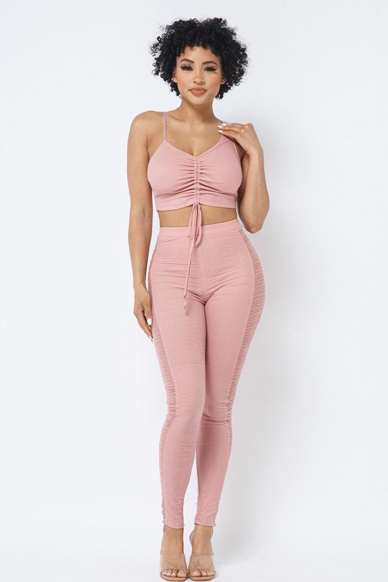 Mesh Strappy Adjustable Ruched Crop Top With Matching See Through Side Panel Leggings | Mixtshop LLC Main image
