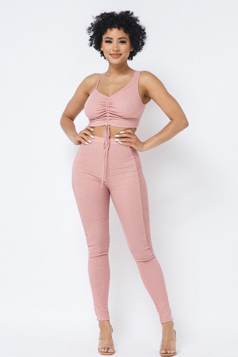 Mesh Strappy Adjustable Ruched Crop Top With Matching See Through Side Panel Leggings | Mixtshop LLC