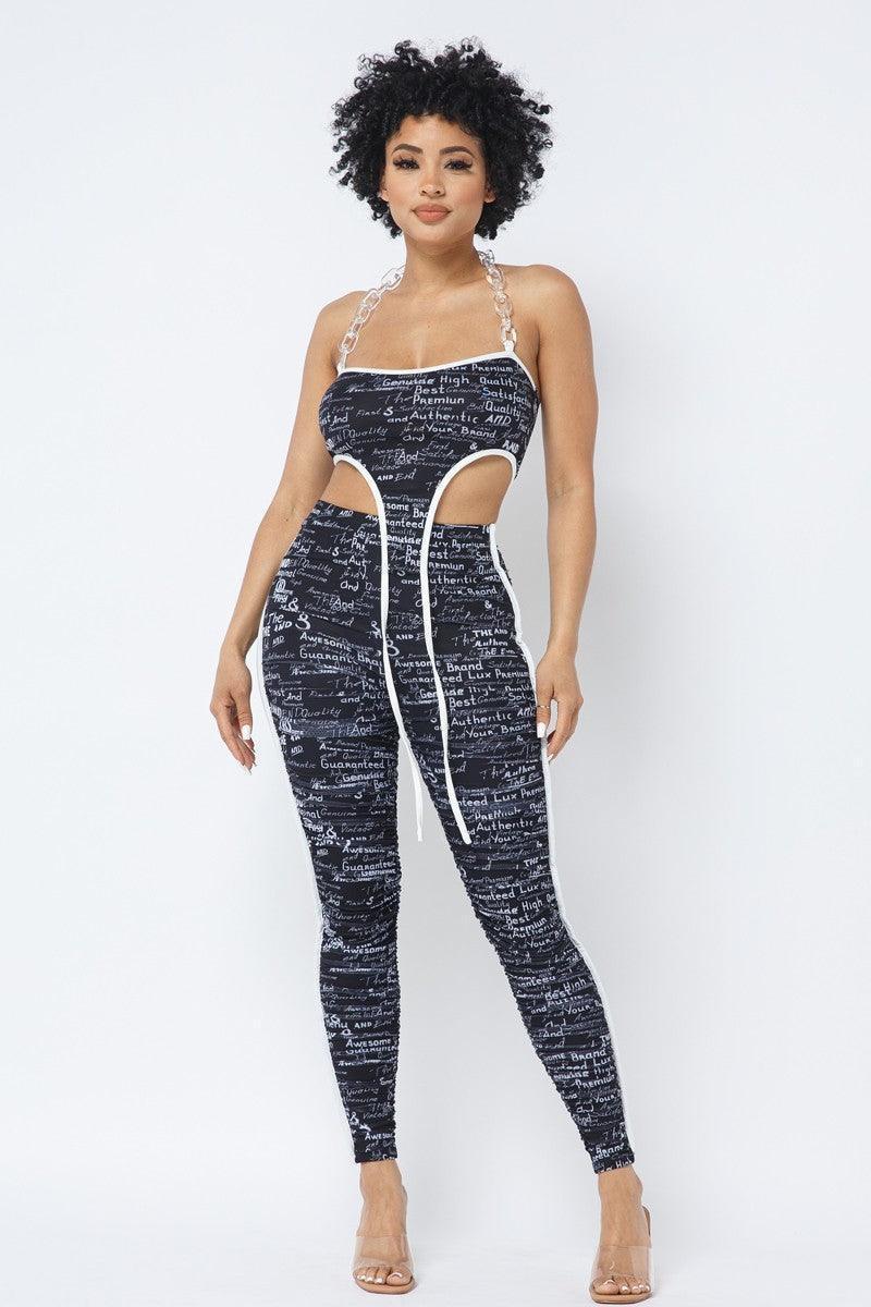 Mesh Print Crop Top With Plastic Chain Halter Neck With Matching Leggings | Mixtshop LLC Main image