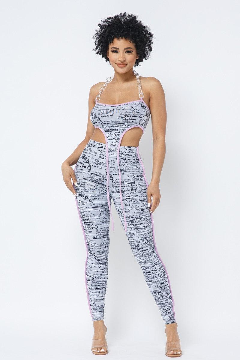 Mesh Print Crop Top With Plastic Chain Halter Neck With Matching Leggings | Mixtshop LLC Main image
