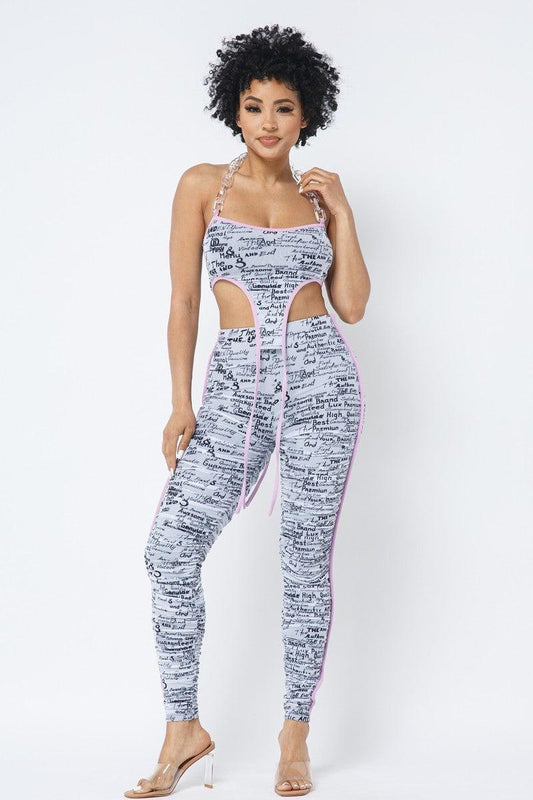 Mesh Print Crop Top With Plastic Chain Halter Neck With Matching Leggings | Mixtshop LLC