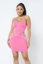 Rhinestone Detailed Strappy Cropped Top With Matching Rhinestone Pocket Detail Mini Skirt | Mixtshop LLC