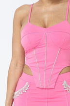 Rhinestone Detailed Strappy Cropped Top With Matching Rhinestone Pocket Detail Mini Skirt | Mixtshop LLC