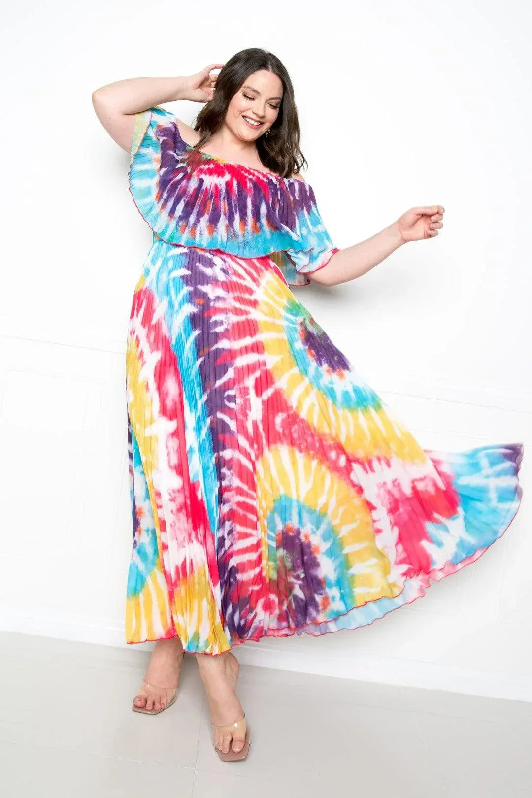 Tie Dye Off Shoulder Pleated Maxi Dress | Mixtshop LLC Main image