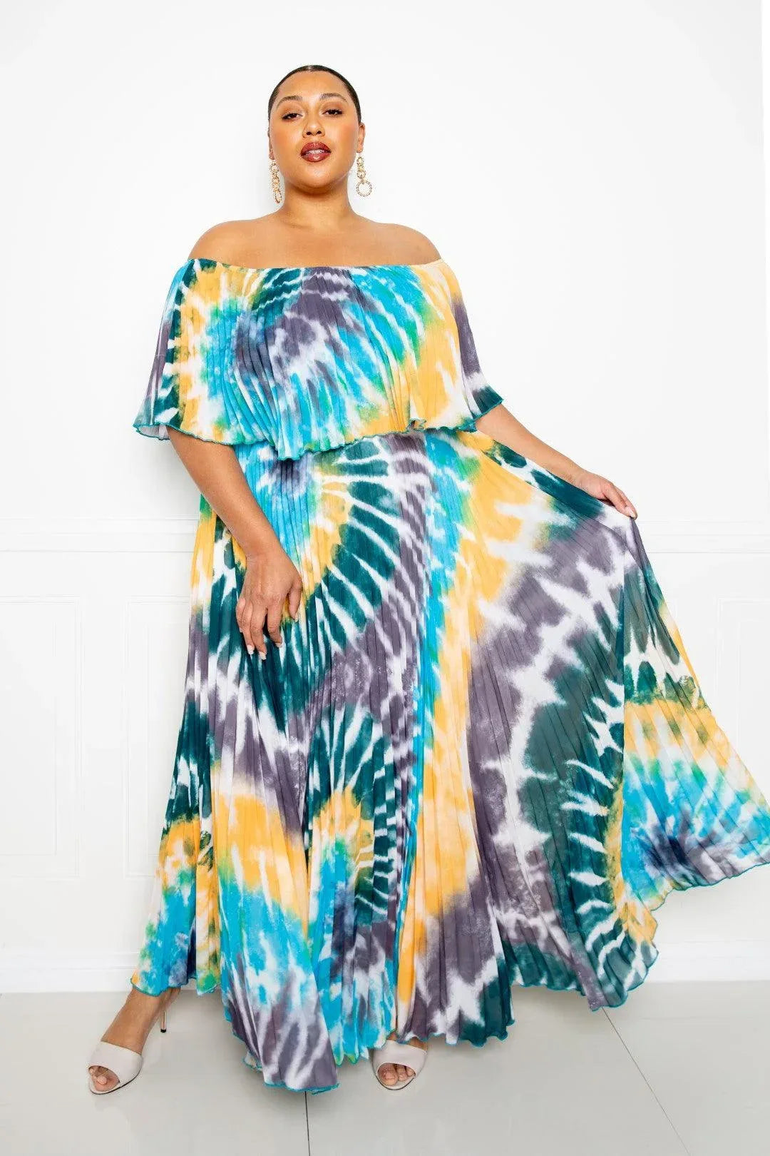 Tie Dye Off Shoulder Pleated Maxi Dress | Mixtshop LLC Main image