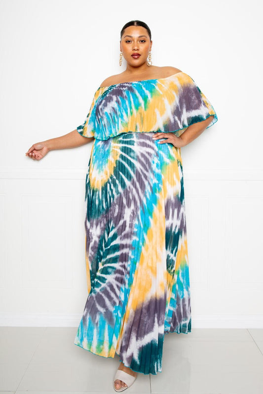 Tie Dye Off Shoulder Pleated Maxi Dress | Mixtshop LLC