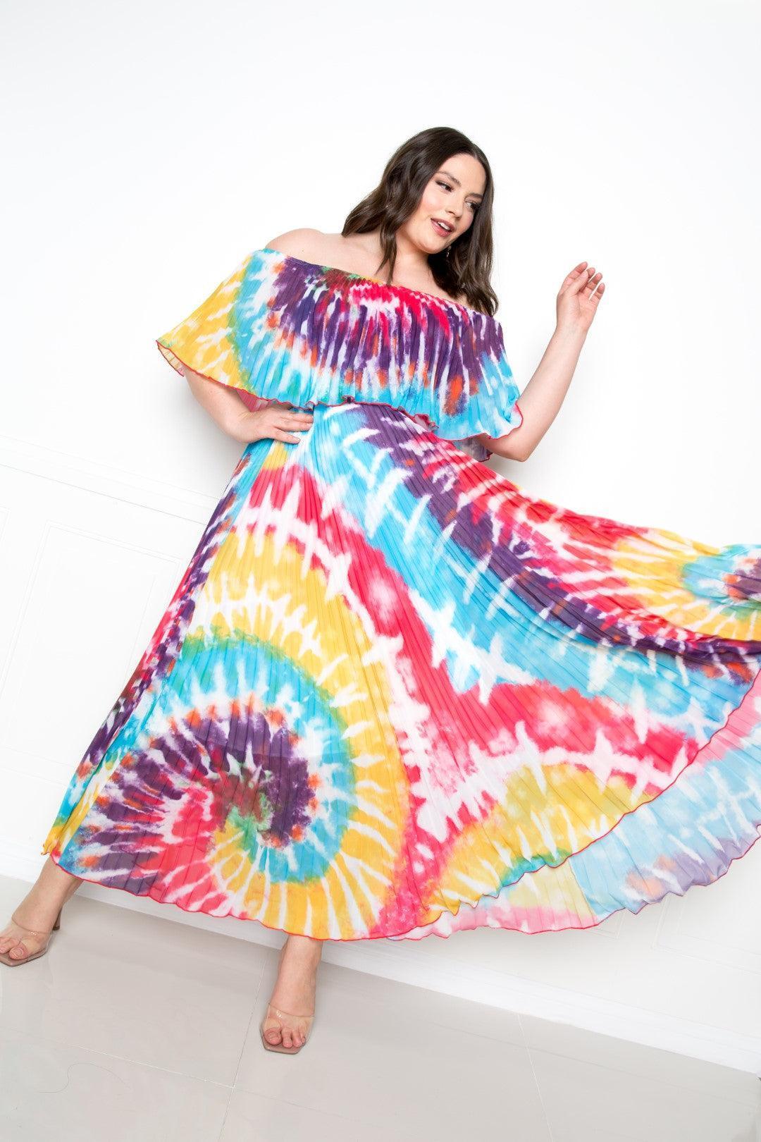 Tie Dye Off Shoulder Pleated Maxi Dress | Mixtshop LLC
