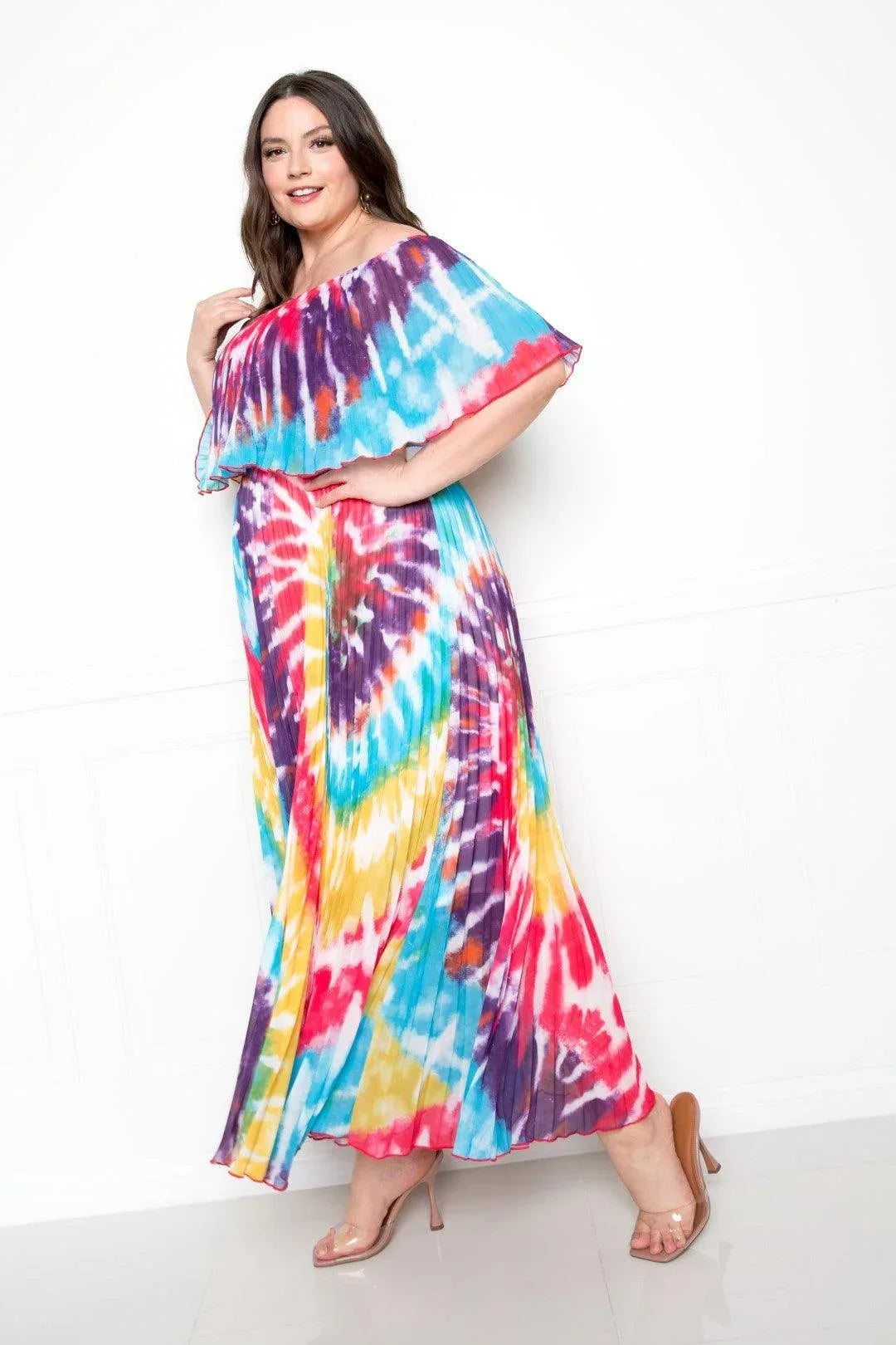 Tie Dye Off Shoulder Pleated Maxi Dress | Mixtshop LLC