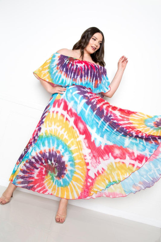 Tie Dye Off Shoulder Pleated Maxi Dress | Mixtshop LLC